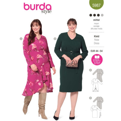 Střih Burda 5987, návod k šití: zvonové šaty, pouzdrové šaty