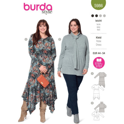 Střih Burda 5986, návod k šití: delší tričko s rolákem, tričkové šaty