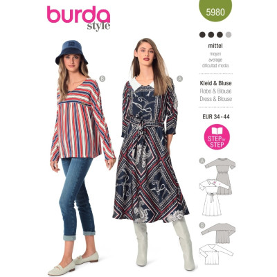 Střih Burda 5980, návod k šití: šaty s límečkem, volná halenka