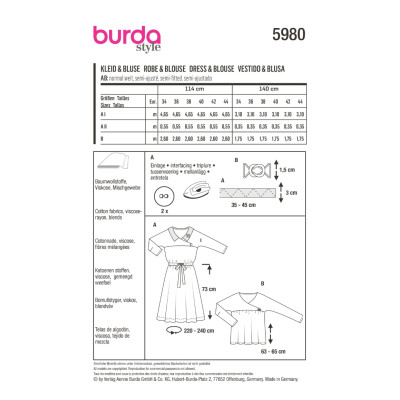 Střih Burda 5980, návod k šití: šaty s límečkem, volná halenka