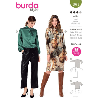 Střih Burda 5973, návod k šití: halenkové šaty se šálovým límcem, halenka