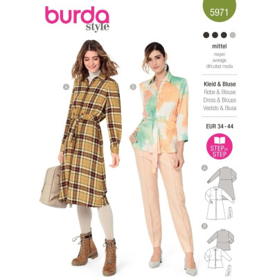 Střih Burda 5971, návod k šití: košilové šaty, košile