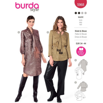 Střih Burda 5968, návod k šití: šaty se šálovým límcem, halenka