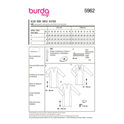 Střih Burda 5962, návod k šití: úzké šaty, tričkové šaty, tunika