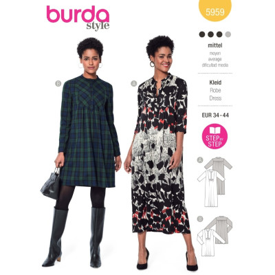 Střih Burda 5959, návod k šití: volné šaty, flanelové šaty, midi šaty