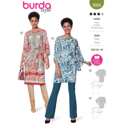 Střih Burda 5950, návod k šití: halenkové šaty s páskem, tunika, tričkové šaty