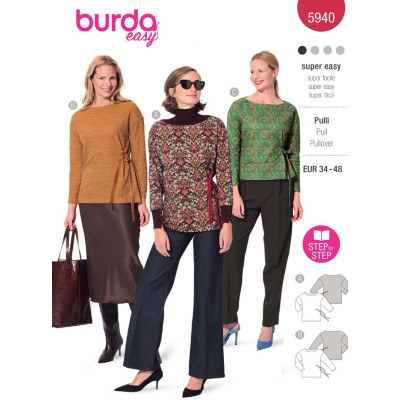 Střih Burda 5940, návod k šití: tričko se zavazováním na boku, mikina, svetr