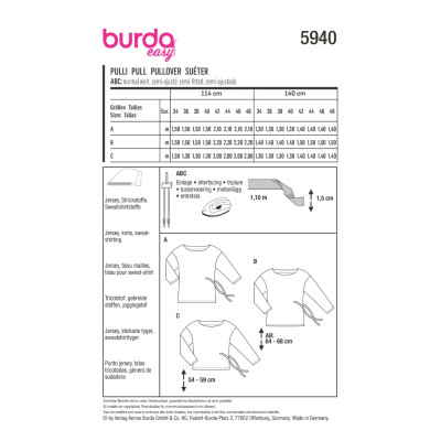 Střih Burda 5940, návod k šití: tričko se zavazováním na boku, mikina, svetr